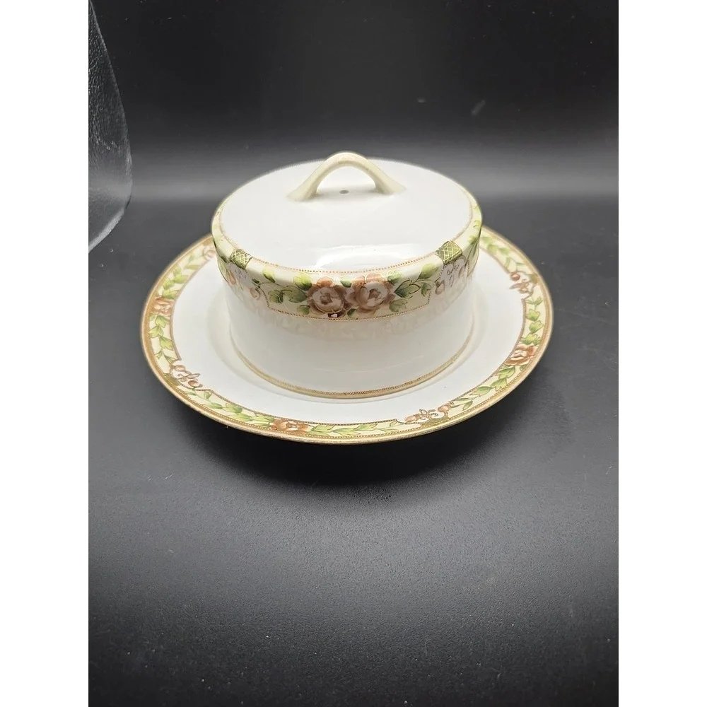 Antique Nippon Hand Painted China Cheese/ Butter‎ Dish Gold Floral